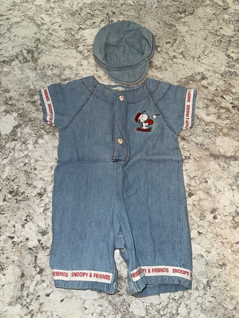 Peanuts Snoopy 2pc Denim Romper & Hat Set 3-6 Months Blue Short Sleeve
